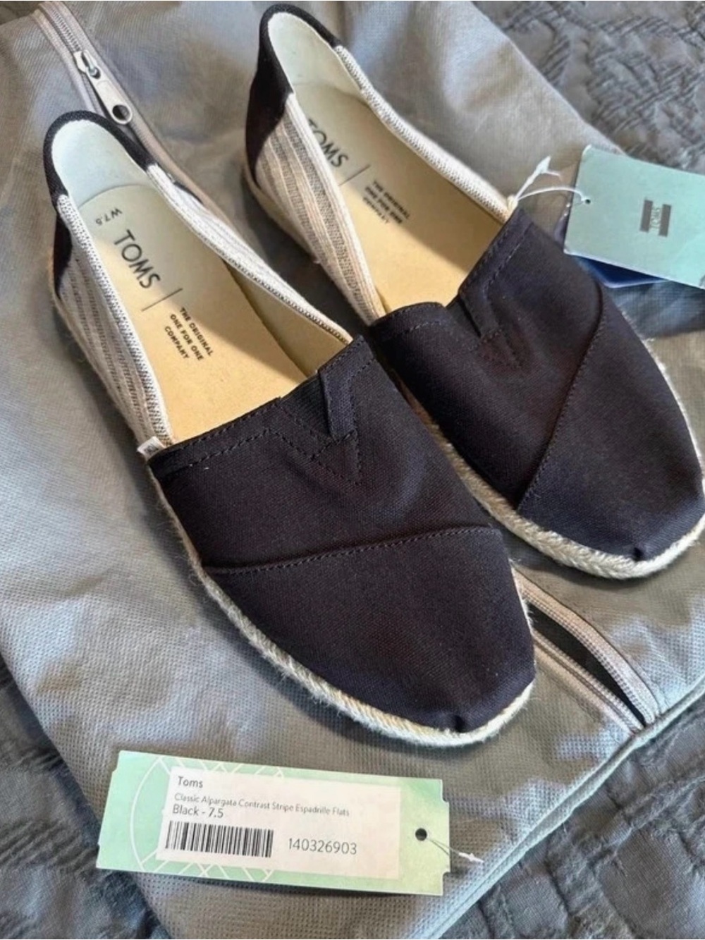 TOMS Black Canvas Espadrilles with Neutral Stripe Heel Detail